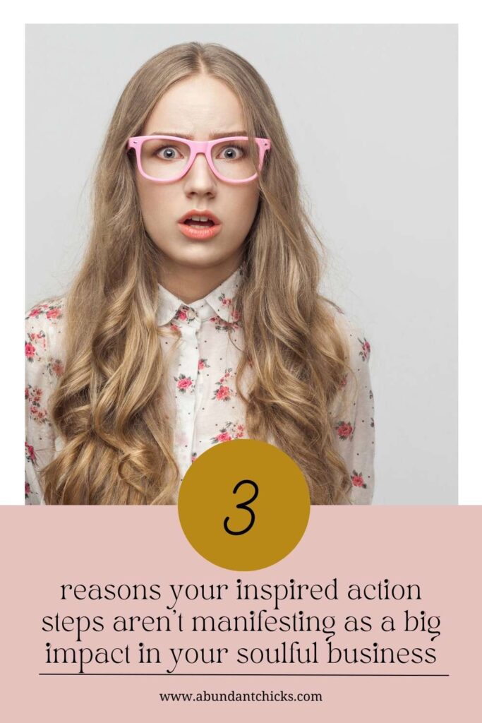 A female energy healer with long, curvy blond hair, pink glasses, wearing a flowery blouse, is looking at the viewer with wide open surprised eyes, open mouth, is surprised at the lack of success and impact she is having with her soulful business despite working hard and taking action. 