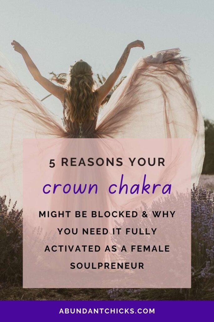 a female healer showing us her back, in a pink flowy dress, her arms raised up with a blocked crown chakra, trying to activate it