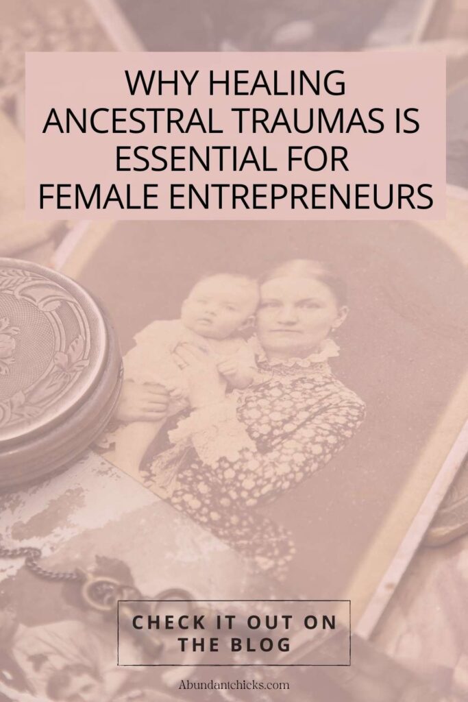 a grandmother and female ancestor with epigentic traumas of depression she passed on to her granddaughter. She is holding an old family picture from a family album. The grandmother didn't know that ancestral trauma affects female entrepreneurs.