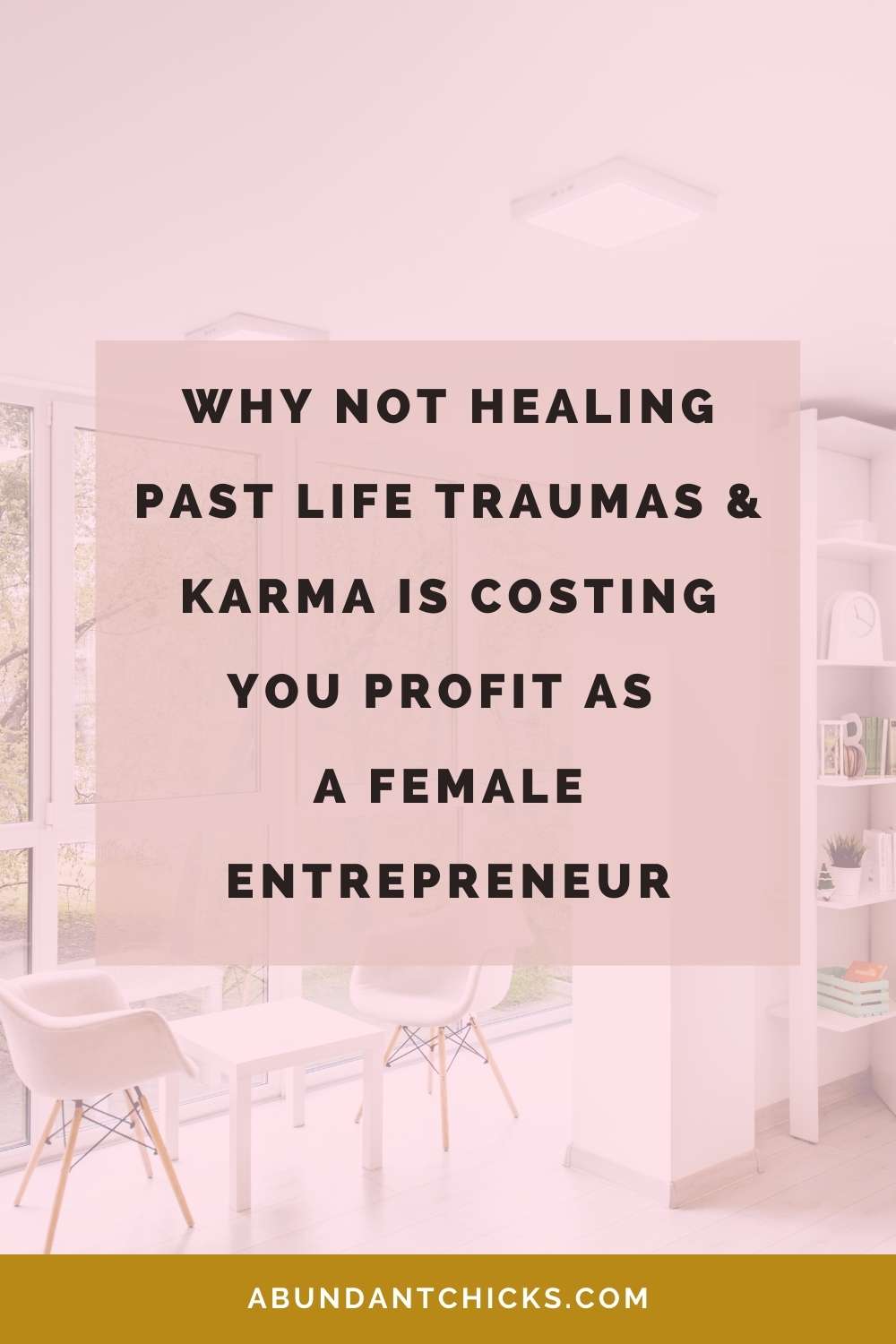 An office space offering online past life regression session to female entrepreneurs wanting to heal karmic relationships and money karma. there are 2 white chairs and a shelf with books by a big window front